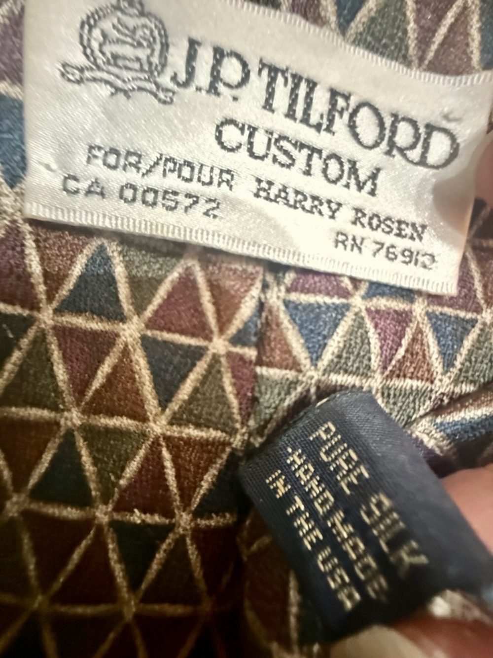 Vintage J.P. Tilford Harry Rosen Silk Tie Geometric Triangle Pattern Italy